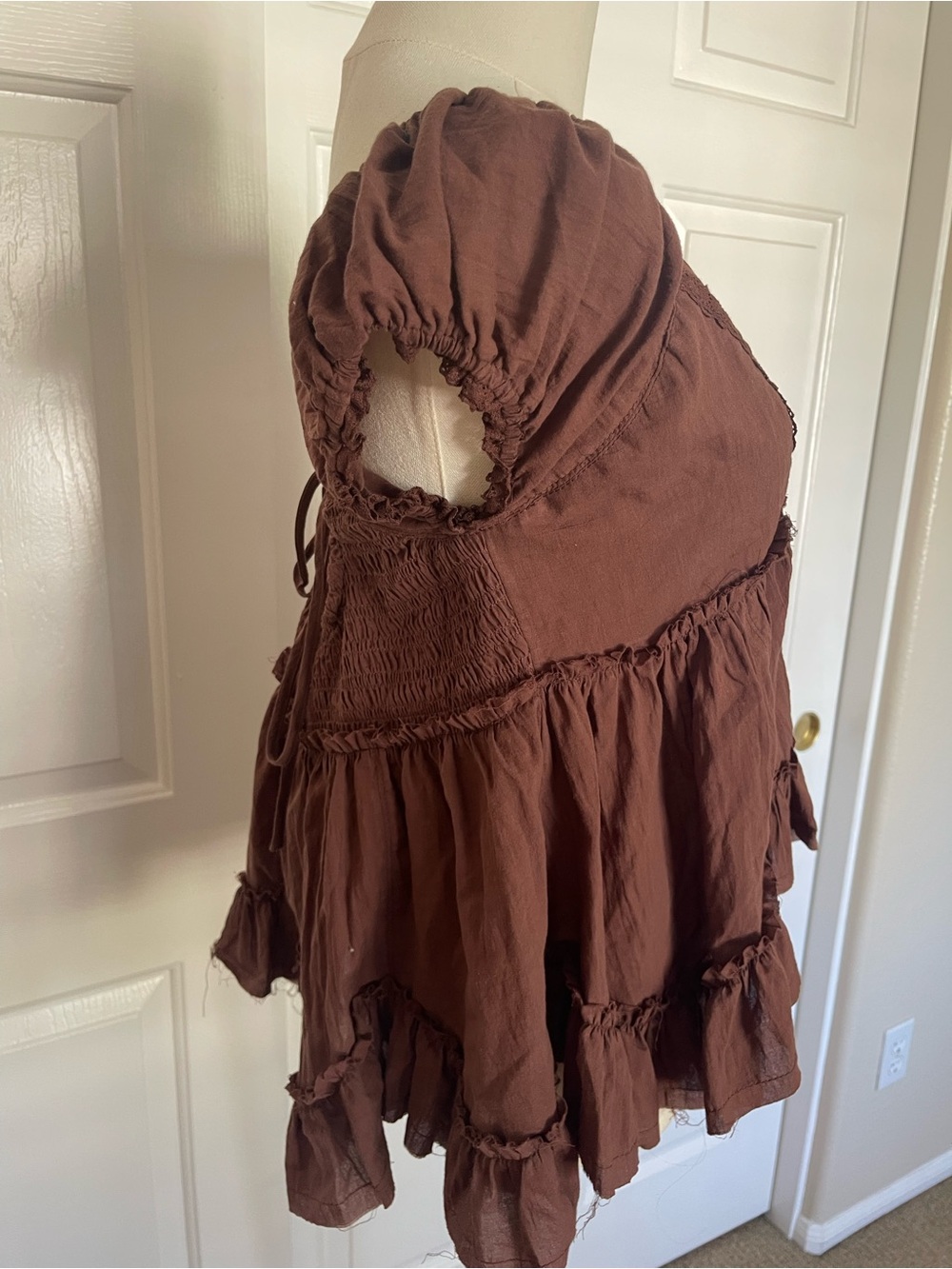 Women's Brown Ruffle V-Neck Peasant Blouse - Picture 3 of 5